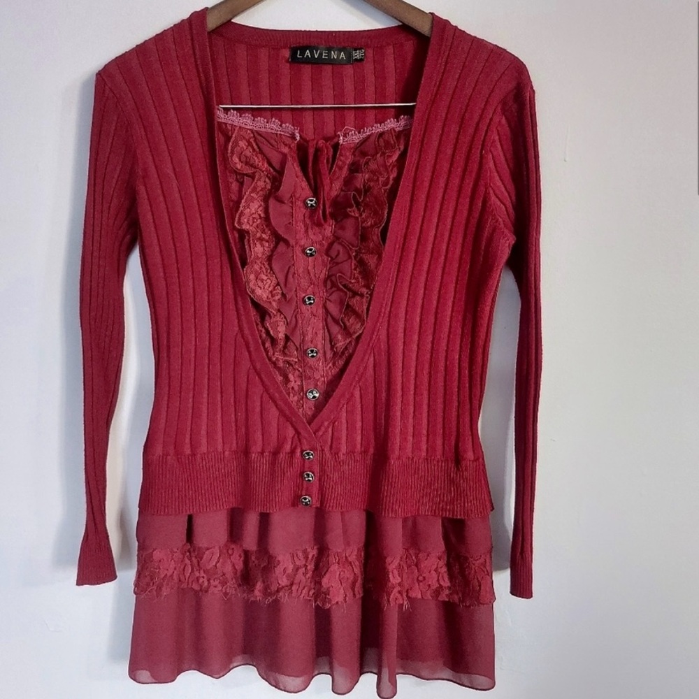 Lavena Romantic Pull On Sweater Cranberry Ruffles Bow Tie Buttons XXL - Picture 6 of 8
